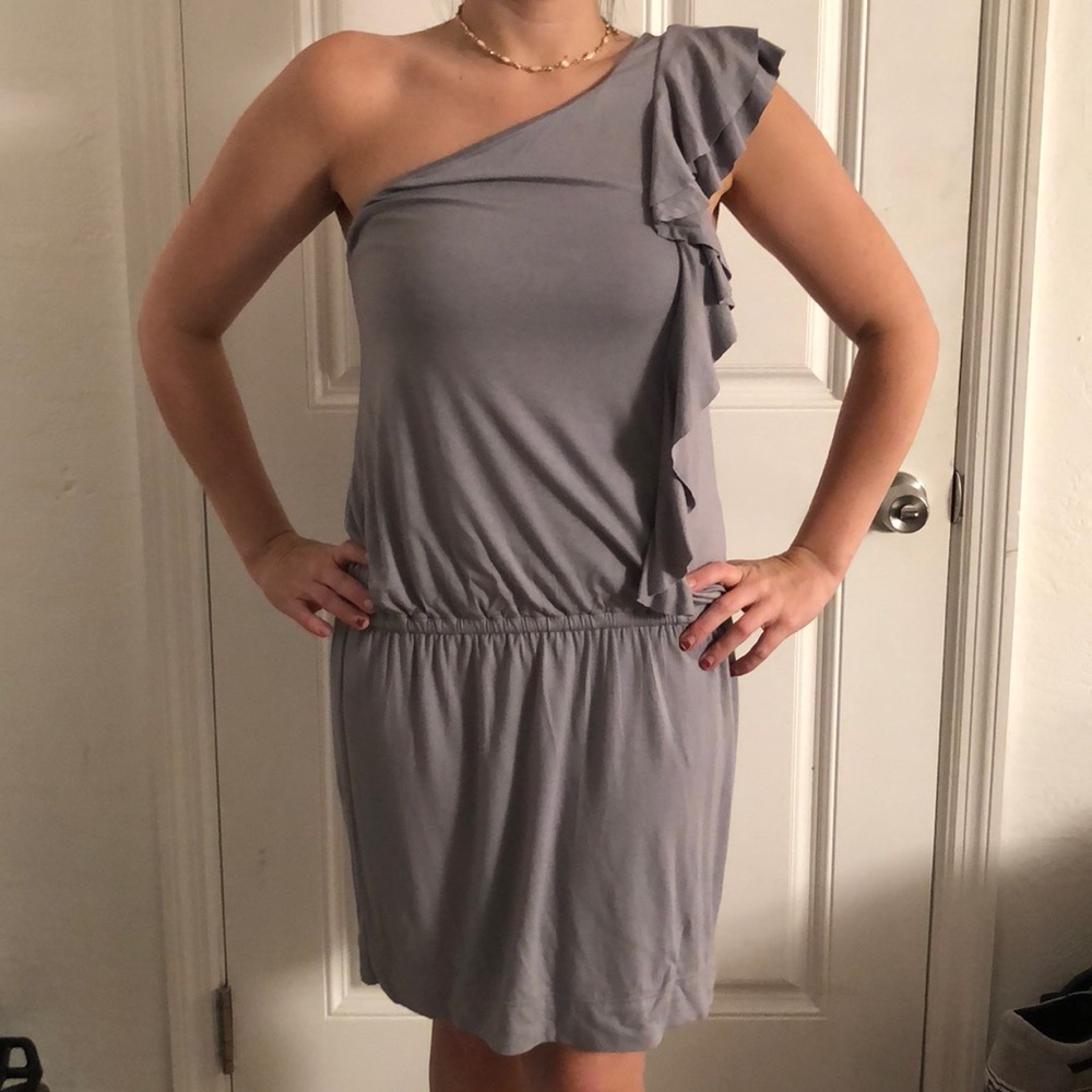 One sleeve with ruffles soft light gray dress